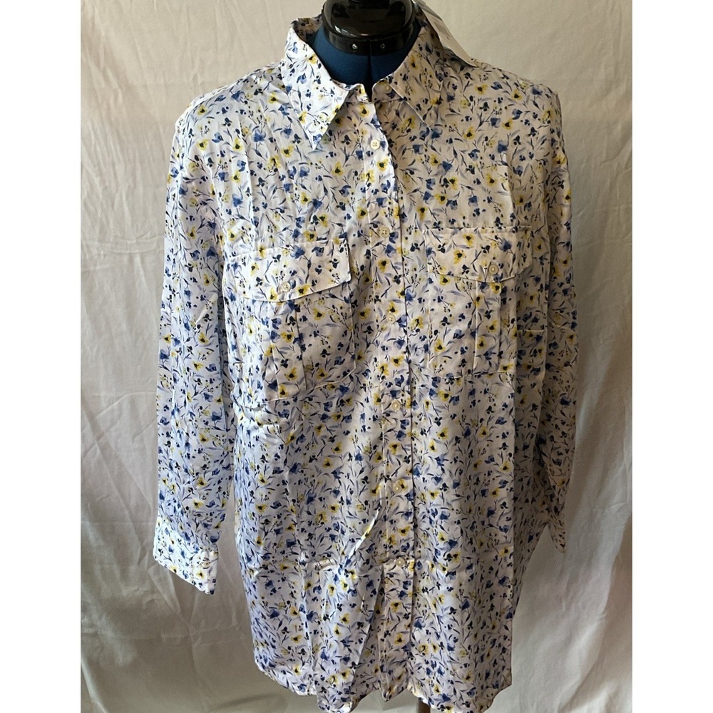 Lauren Ralph Lauren Womens 2X Floral Cotton Button Down Shirt Blue Yellow White
